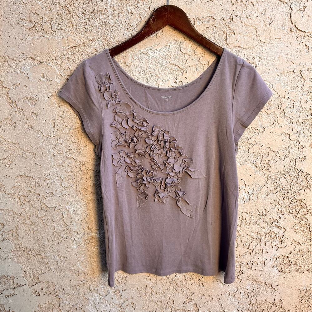 Garnet Hill 3D Floral Applique Scoop Neck Short Sleeve Top Size L